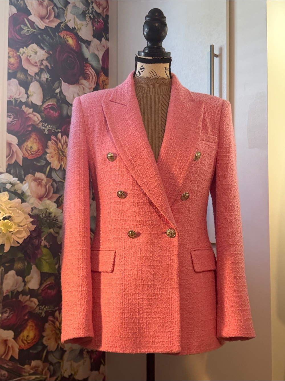 Zara Pink Double-Breasted Tweed Blazer